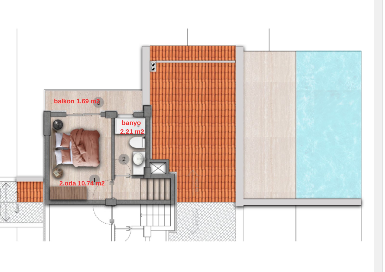1. kat planı — yatak odası, banyo, balkon